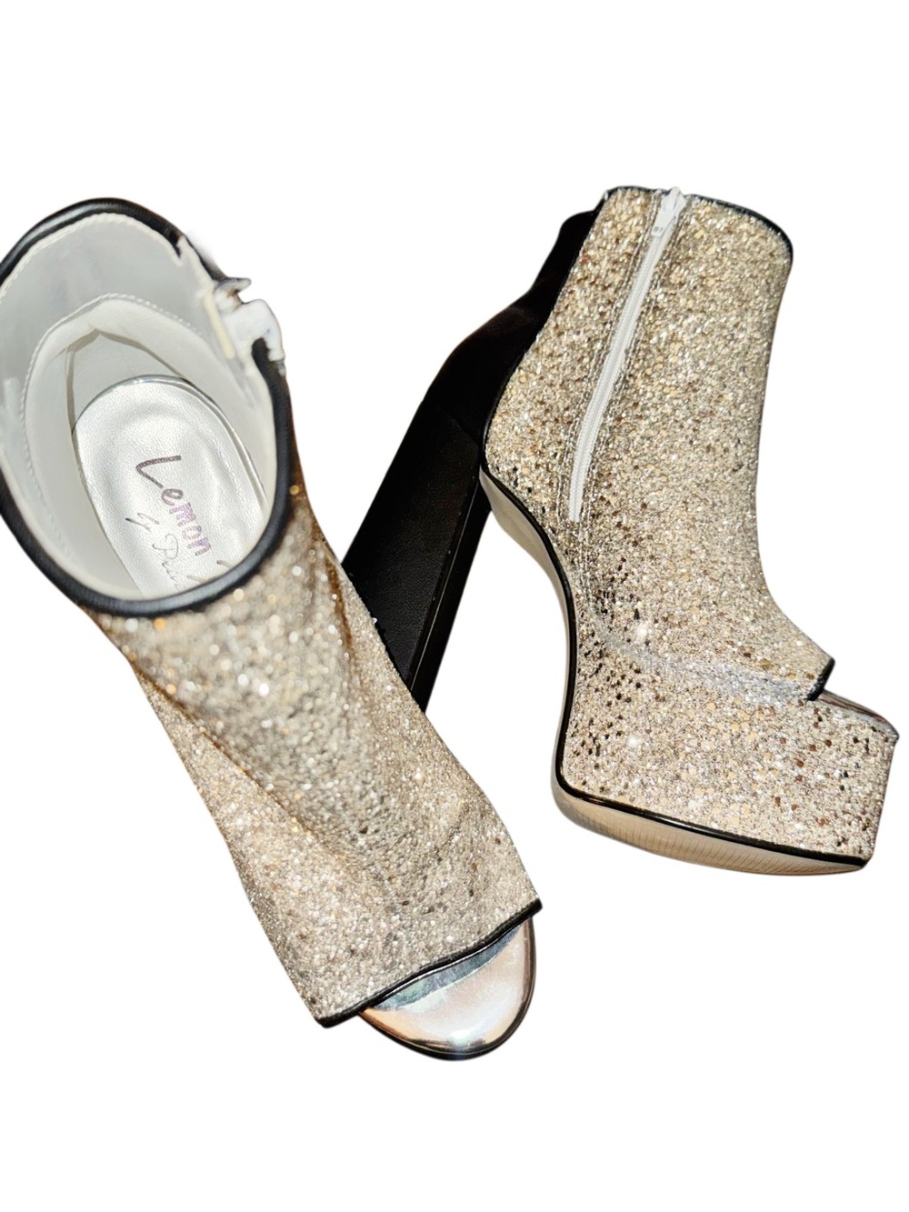 NWOB- Lemon Drop by Privileged "Cacie" Open-Toe Platform Booties •Silver Glitter